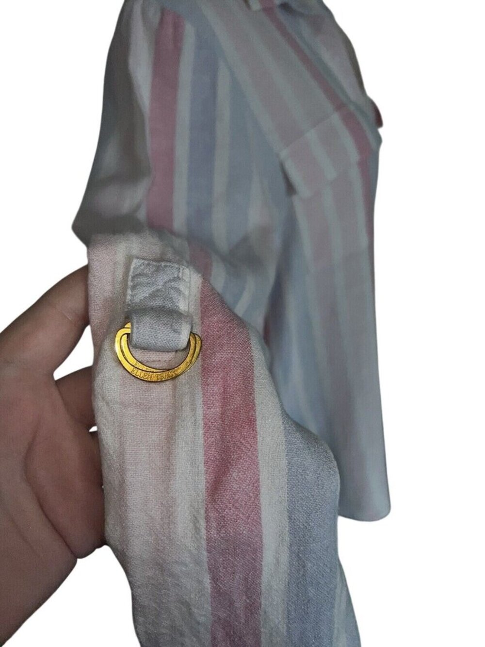 Ellen Tracy Striped Button-Front Shirt w/Roll-Tab Sleeves Womens L Pink/Blue - Picture 5 of 9